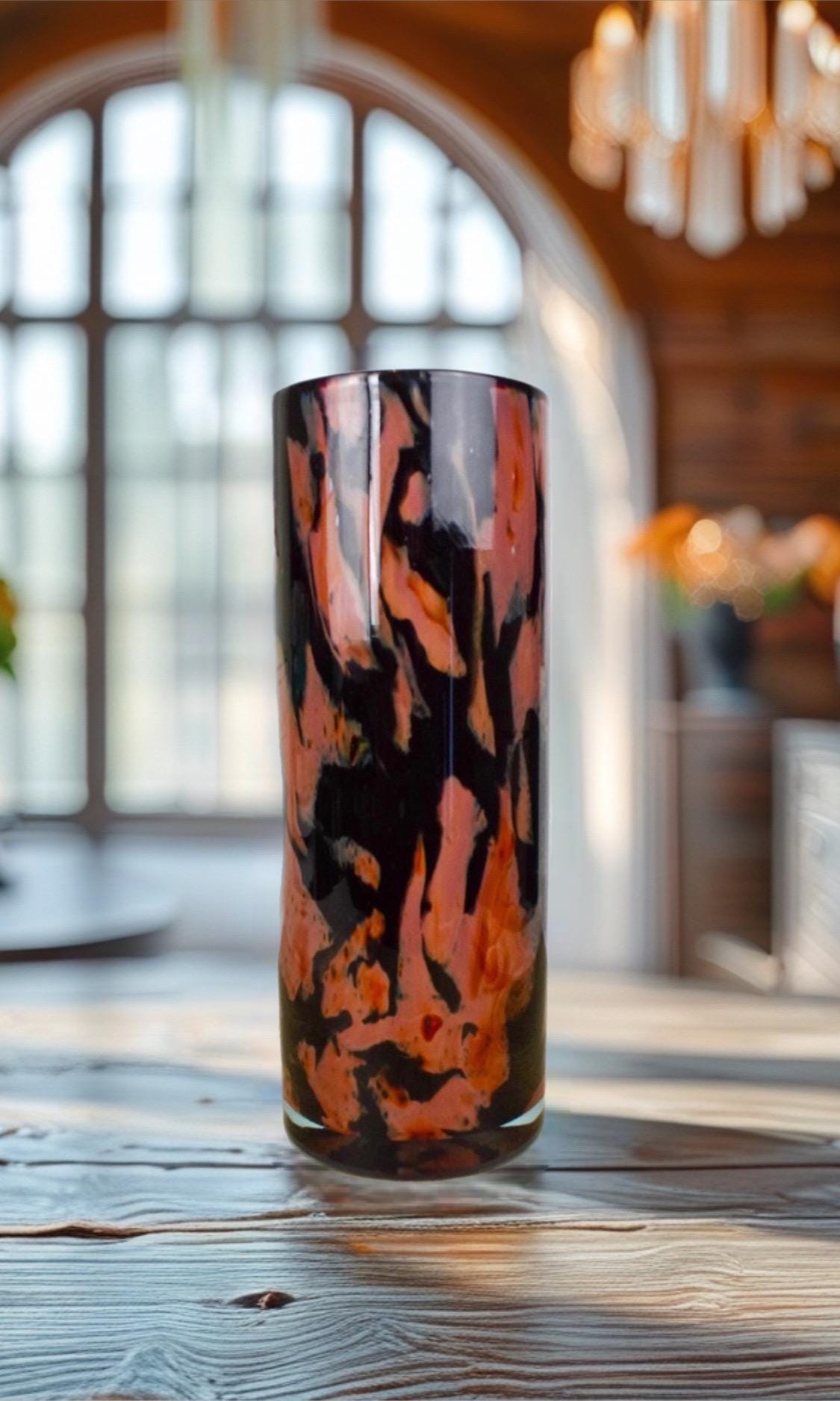 Handmade Mouth Blown Glass Vase: Elegant Flame Design, 32cm Cylinder