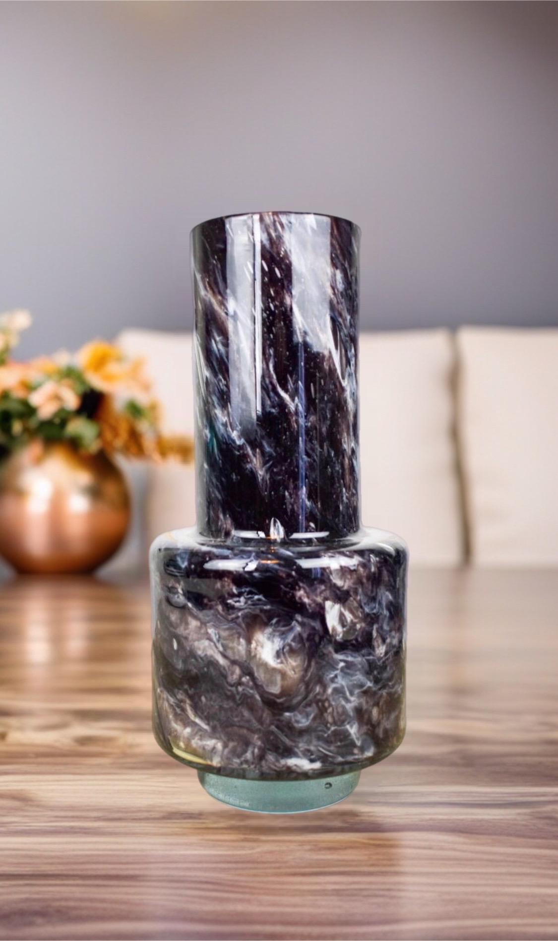 Hand Blown Glass Vase: Black Marble Art Decor (W12cm, H30cm)