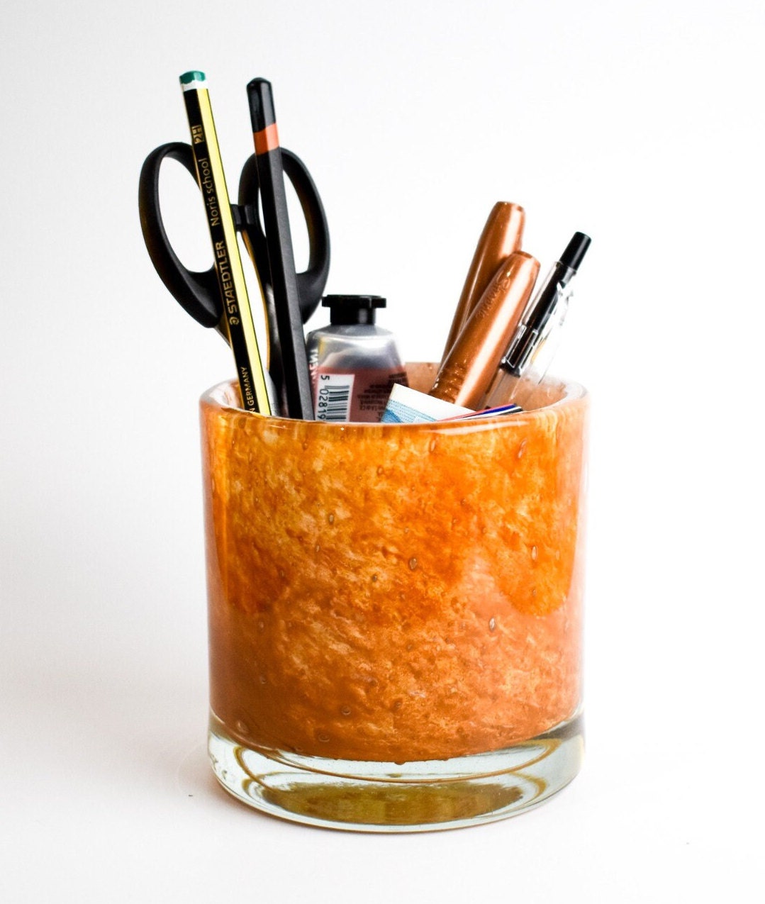 Handmade Mouth Blown Glass Desk Organiser: Marble Design Candle Holder