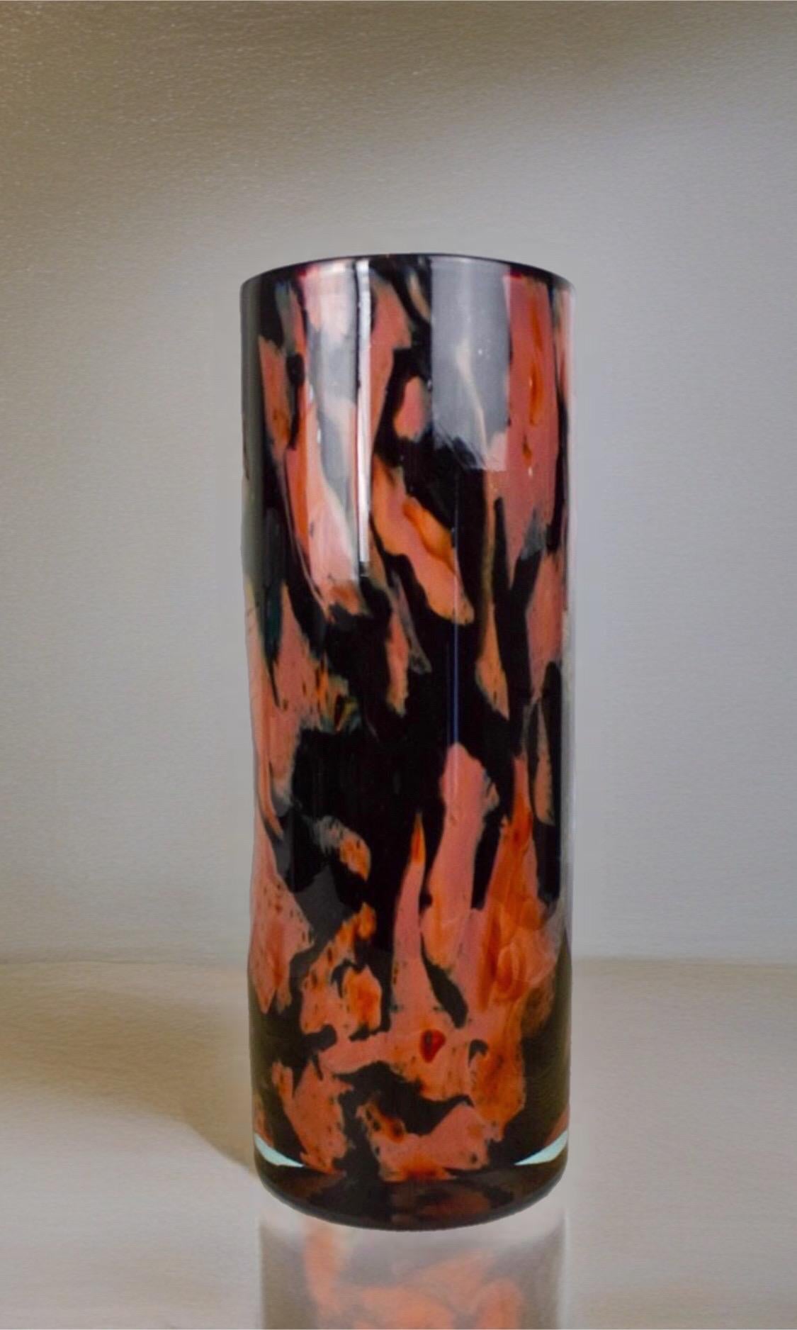 Handmade Mouth Blown Glass Vase: Elegant Flame Design, 32cm Cylinder