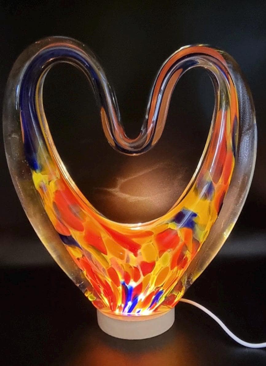 Iridescent Heart Lamp: Hand Blown Glass LED Sculpture, Romantic Home Decor