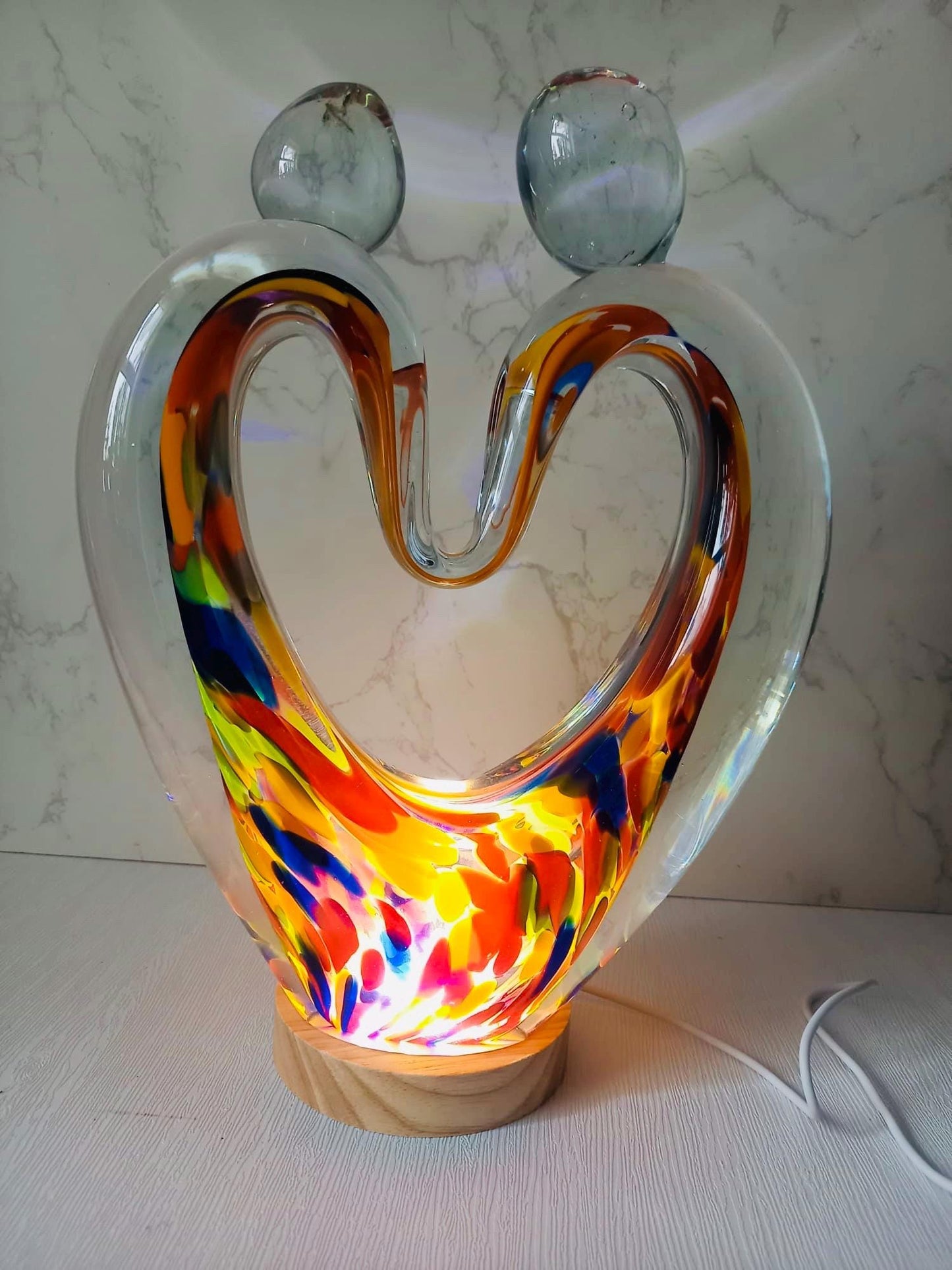 Iridescent Heart Lamp: Handcrafted Glass Sculpture with LED Glow