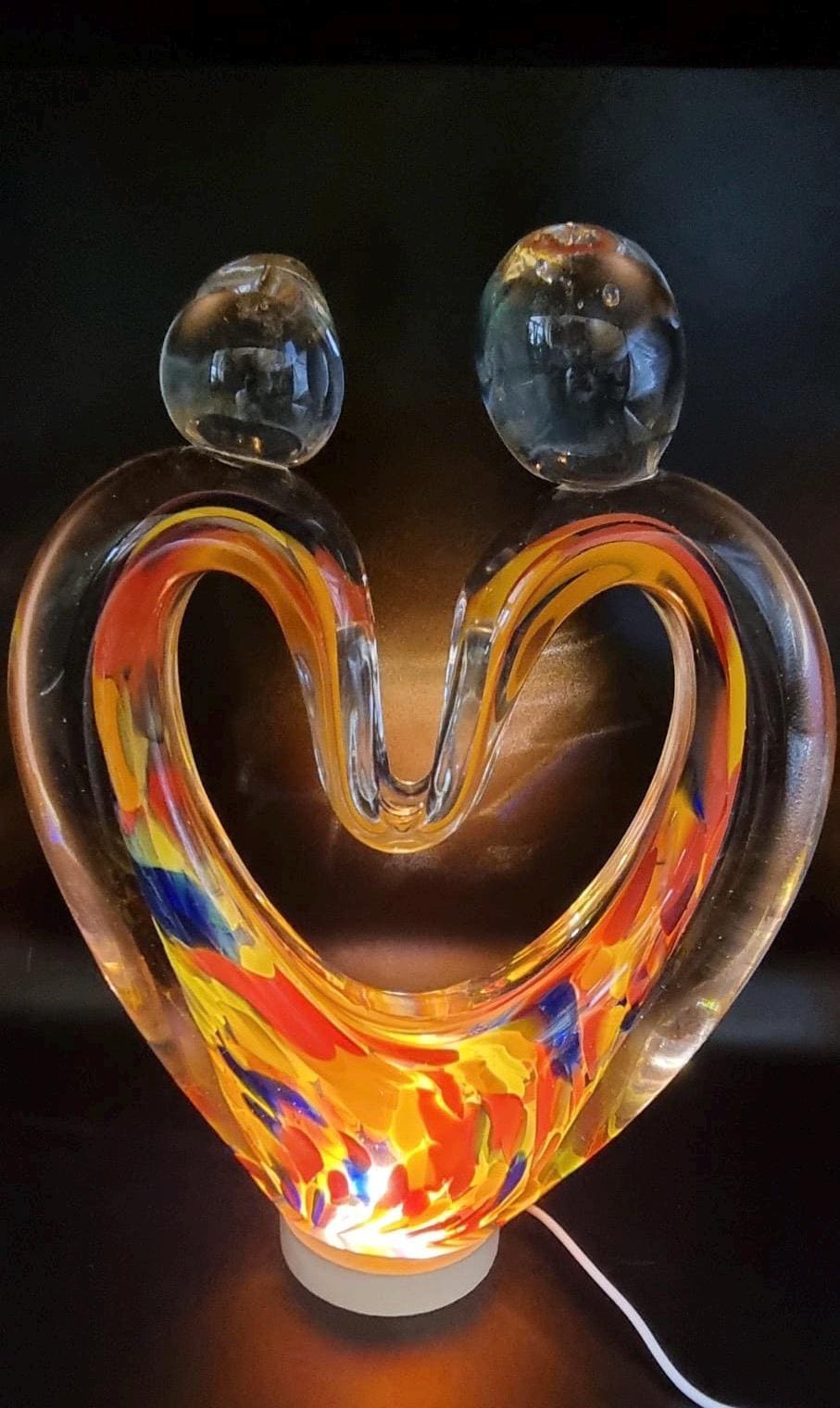 Iridescent Heart Lamp: Handcrafted Glass Sculpture with LED Glow