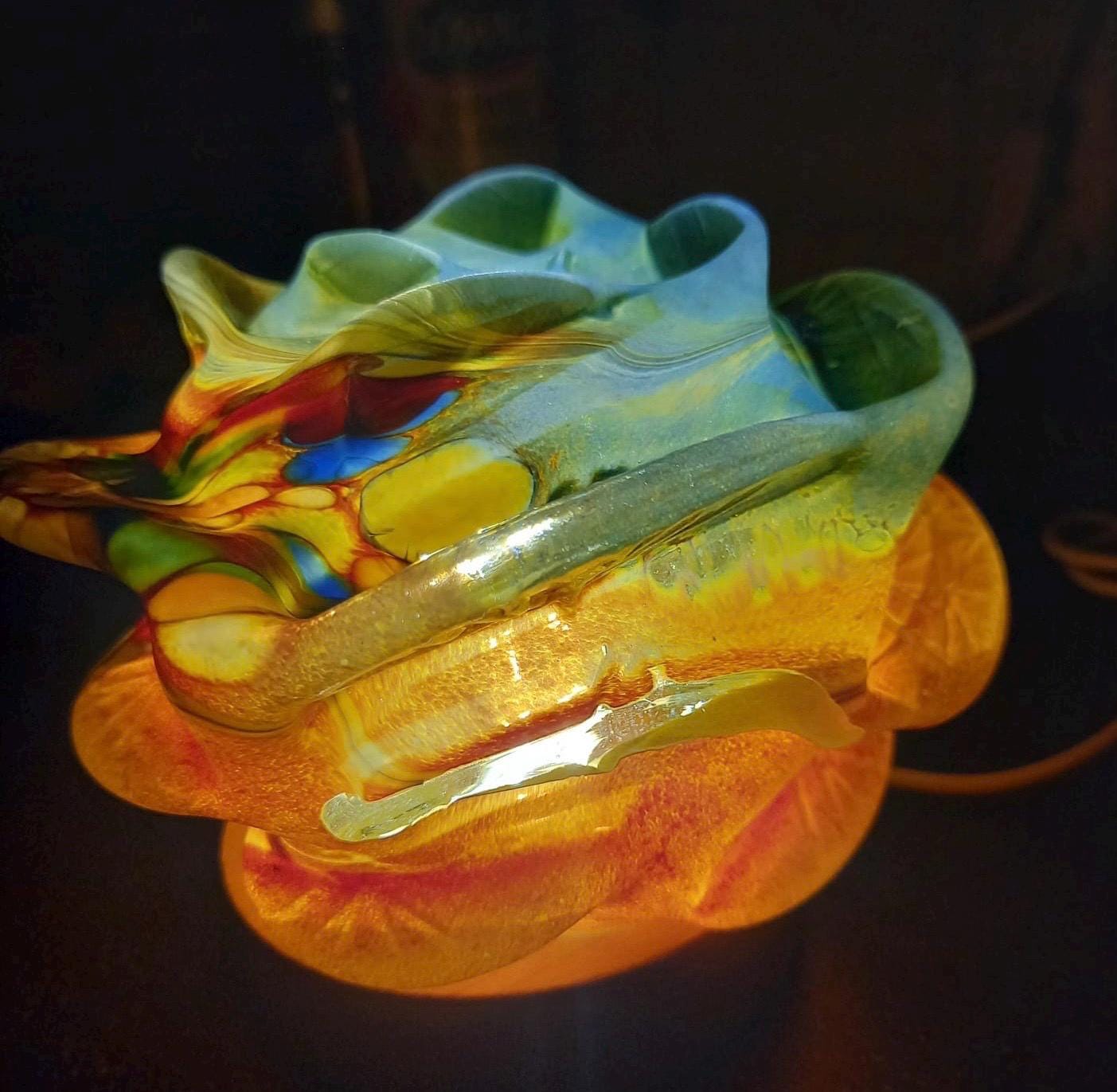 Iridescent Art Glass Rose Lamp: Hand-Blown LED Sculpture