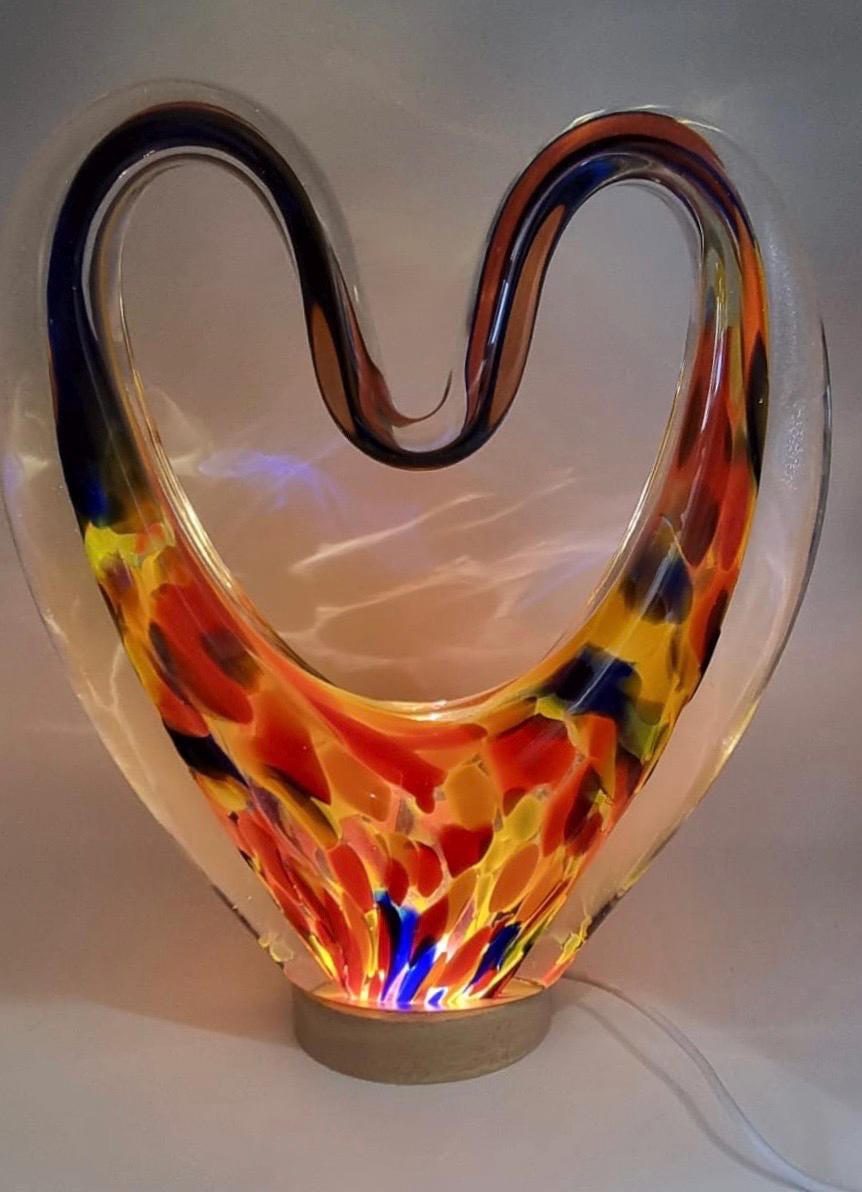 Iridescent Heart Lamp: Hand Blown Glass LED Sculpture, Romantic Home Decor