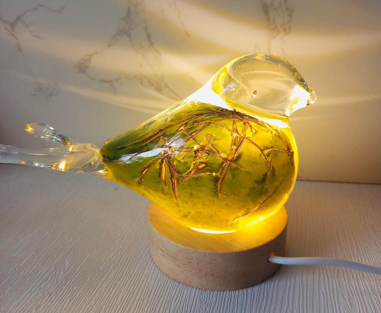 New Arrival / Green Art Glass Bird Lamp – Sculpture Handmade Iridescent LED Home Decor