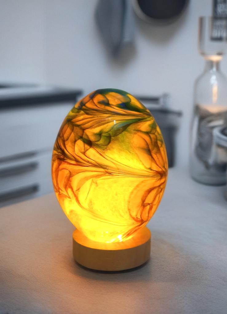 Hand Blown Orange Glass Table Lamp: Art Deco Sculpture Lamp