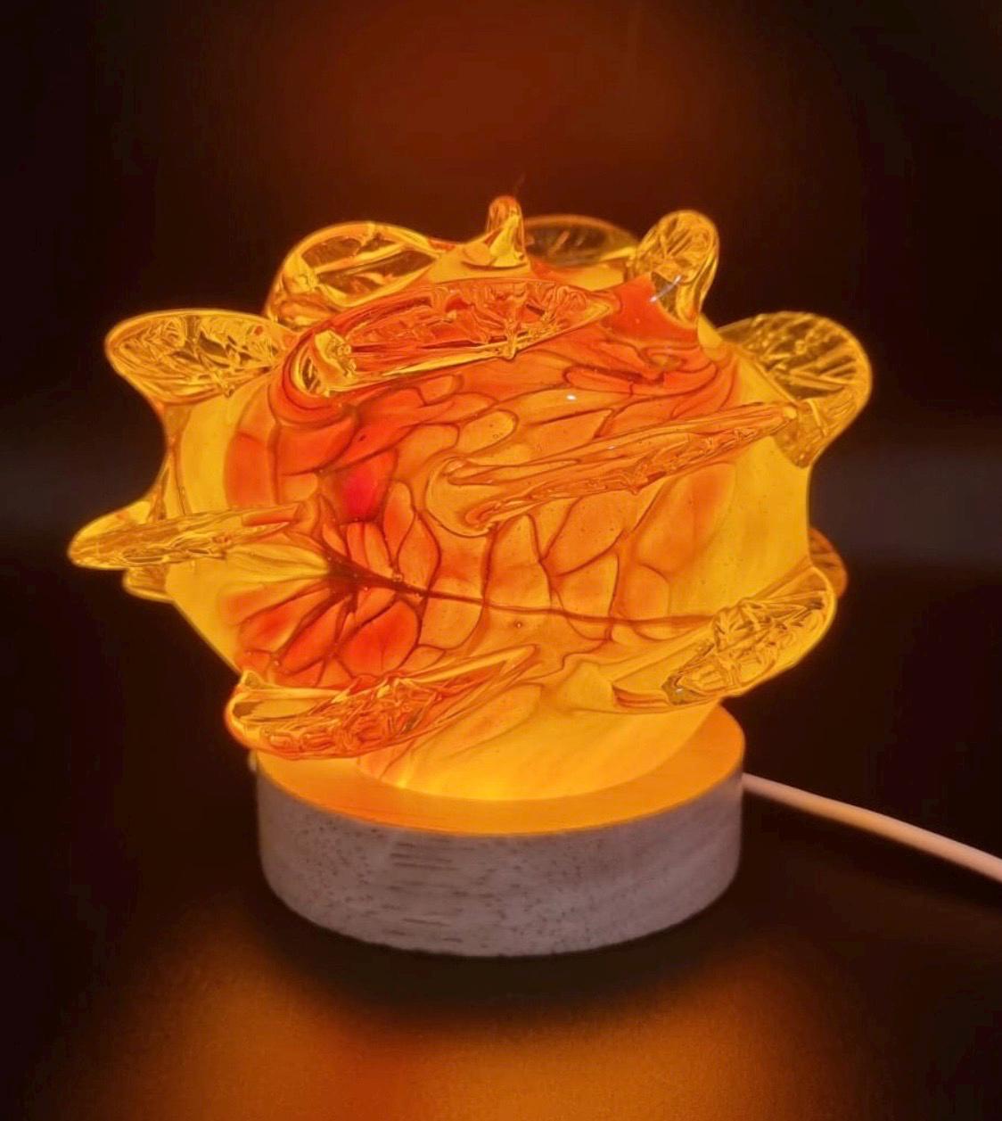 Iridescent Rose Glass Lamp: Hand-Blown LED Sculpture, USB Powered