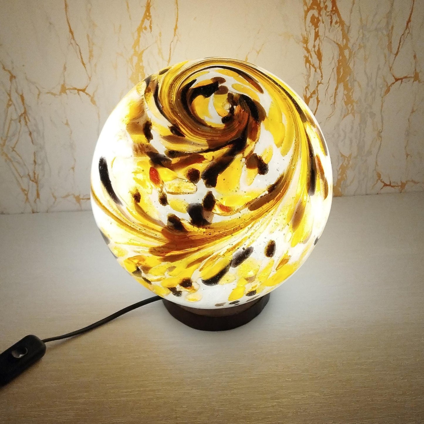 Golden Swirl Glass Sphere Lamp: Handcrafted Artisan Warm Ambient Light