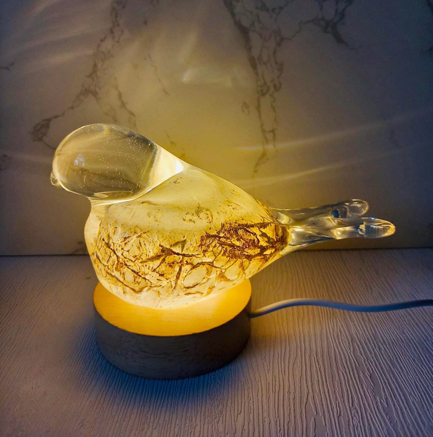 Hand Blown Iridescent Glass Bird Lamp: LED Accent Light