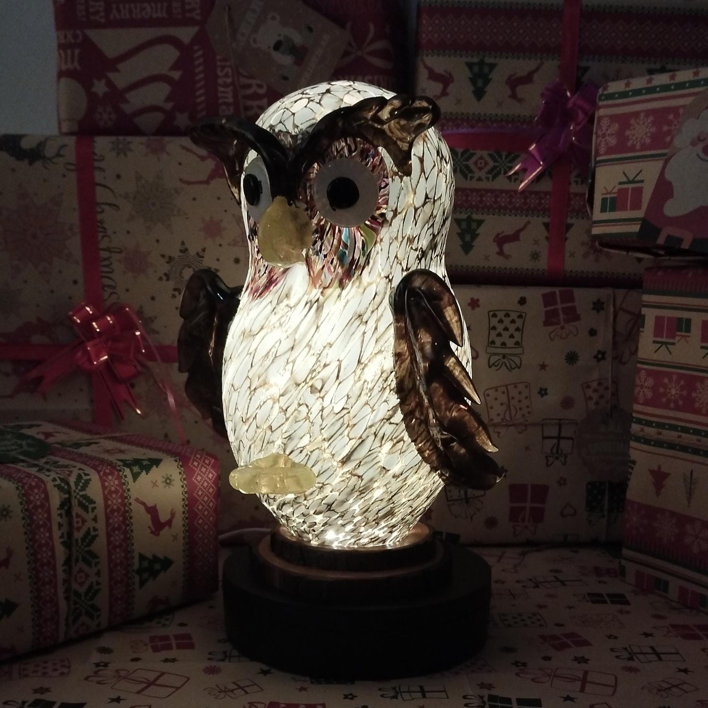 Handcrafted Handmade Sculpture Owl Glass Lamp: LED Night Light