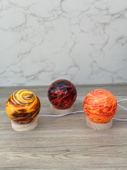Hand-Blown Red Glass Lamp: Ambient LED Night Light with Wooden Base