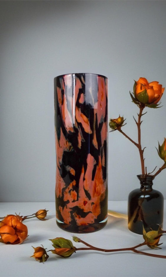 Handmade Mouth Blown Glass Vase: Elegant Flame Design, 32cm Cylinder