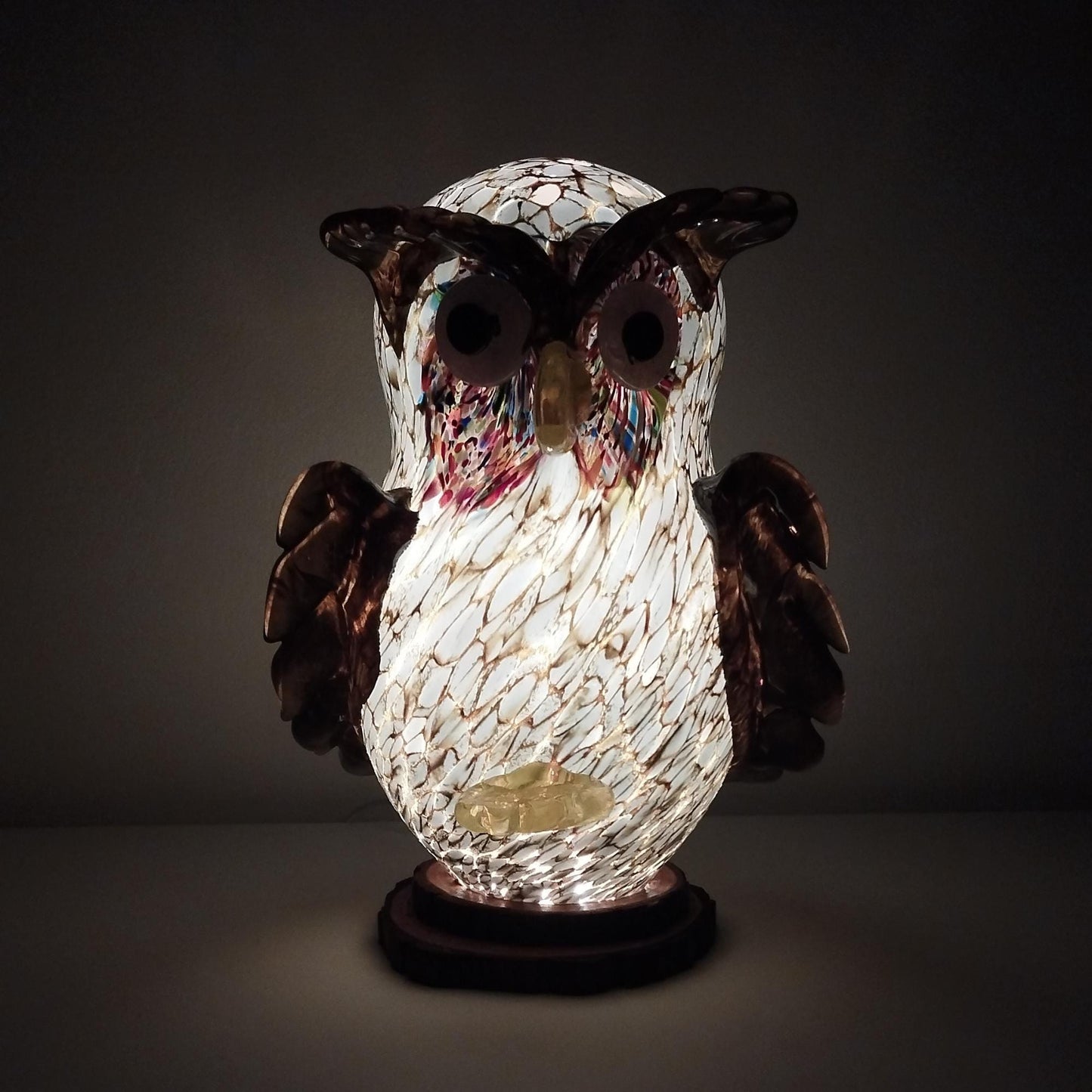 Handcrafted Handmade Sculpture Owl Glass Lamp: LED Night Light