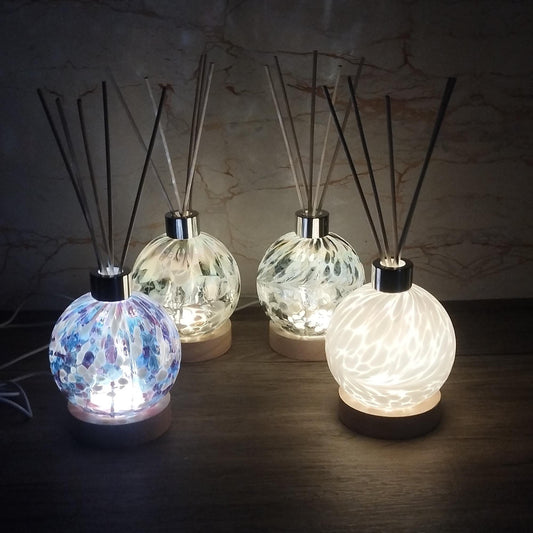 Handcrafted Iridescent Glass Diffuser Lamp with LED Light, Elegant Room Fragrance