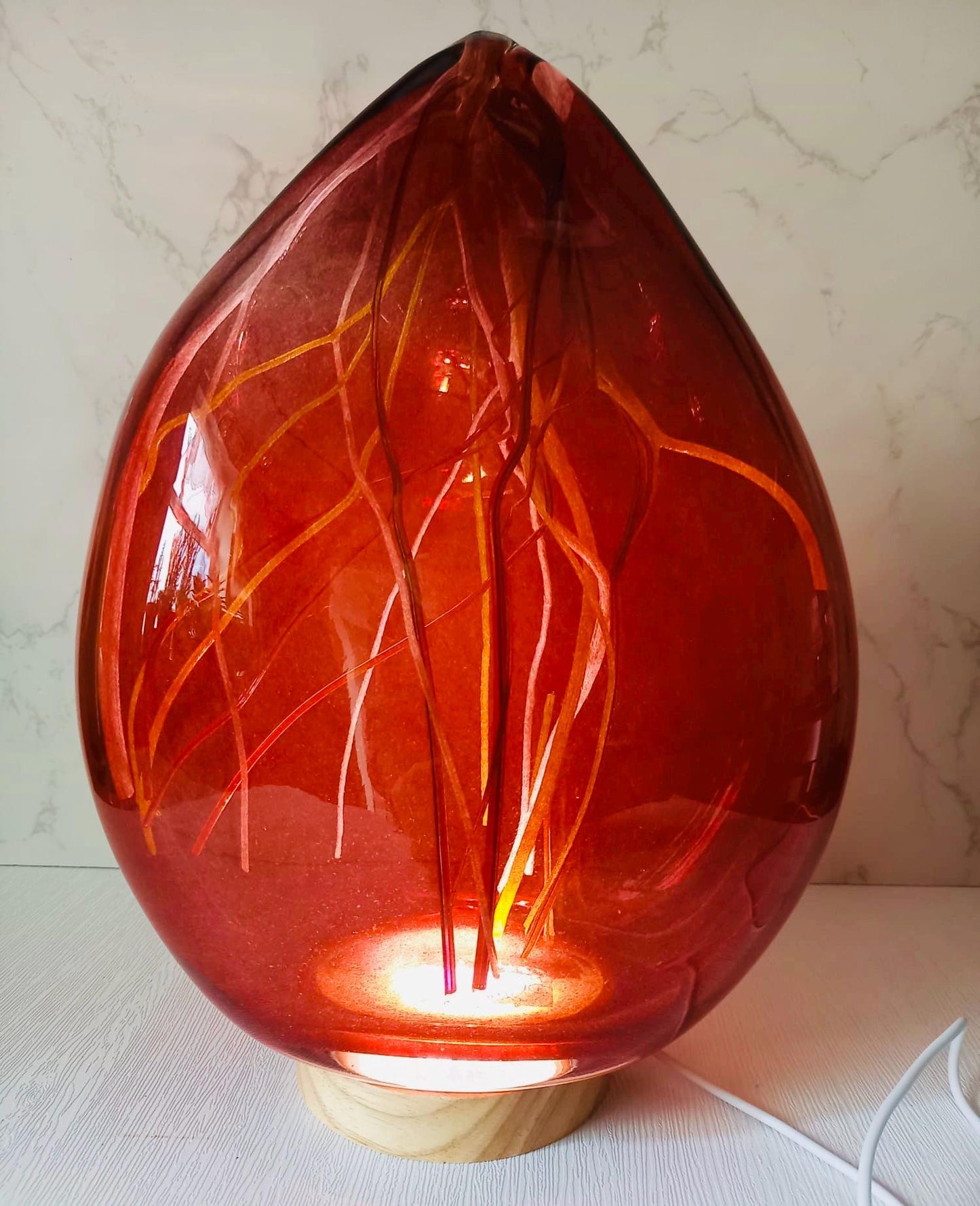 Hand Blown Iridescent Art Glass Lamp: LED Sculpture Light