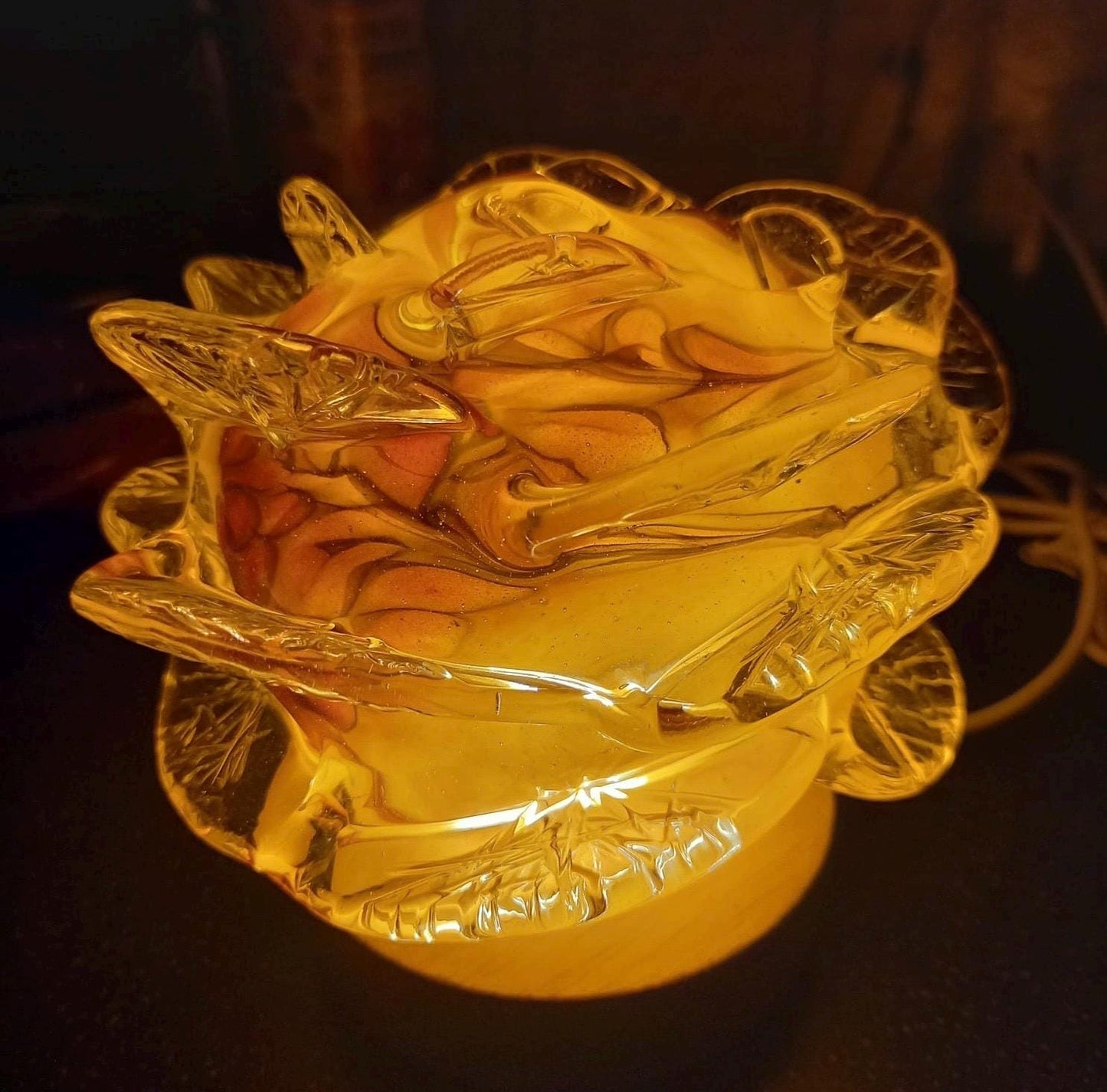 Iridescent Rose Glass Lamp: Hand-Blown LED Sculpture, USB Powered