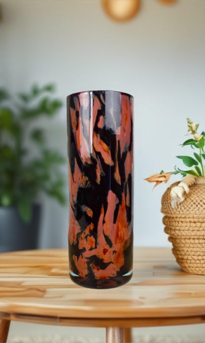 Handmade Mouth Blown Glass Vase: Elegant Flame Design, 32cm Cylinder