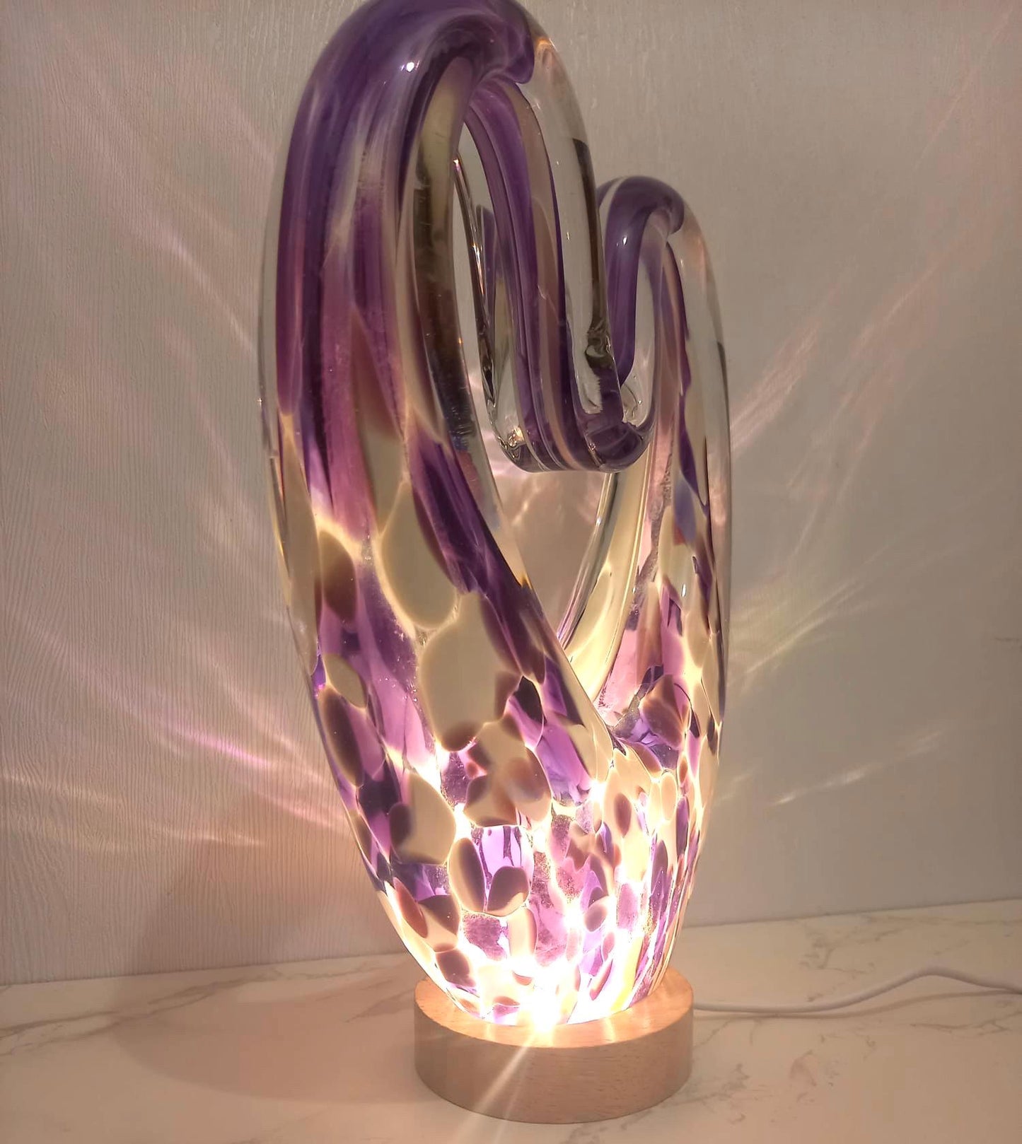 Iridescent Heart Lamp: Hand Blown Glass LED Sculpture, Romantic Home Decor