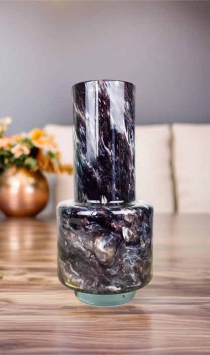 Hand Blown Glass Vase: Black Marble Art Decor (W12cm, H30cm)