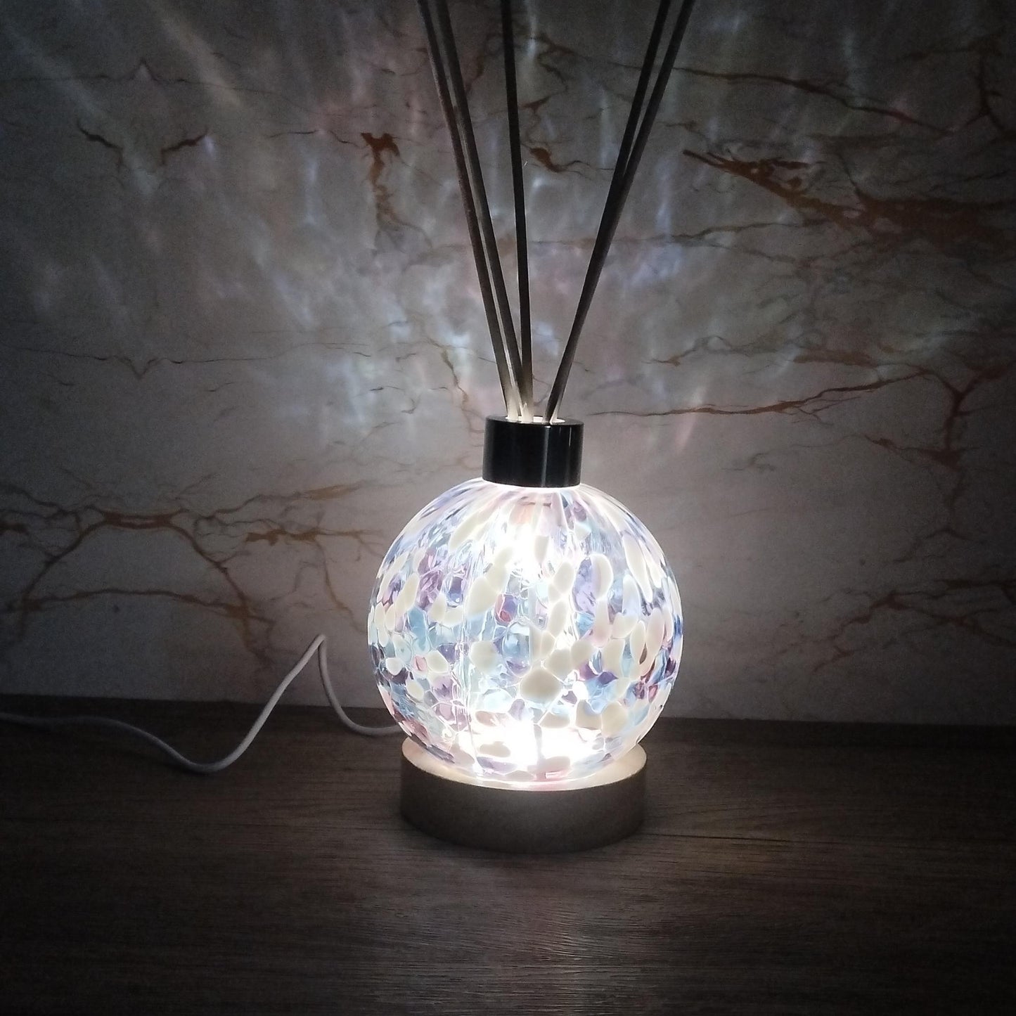 Handcrafted Iridescent Glass Diffuser Lamp with LED Light, Elegant Room Fragrance