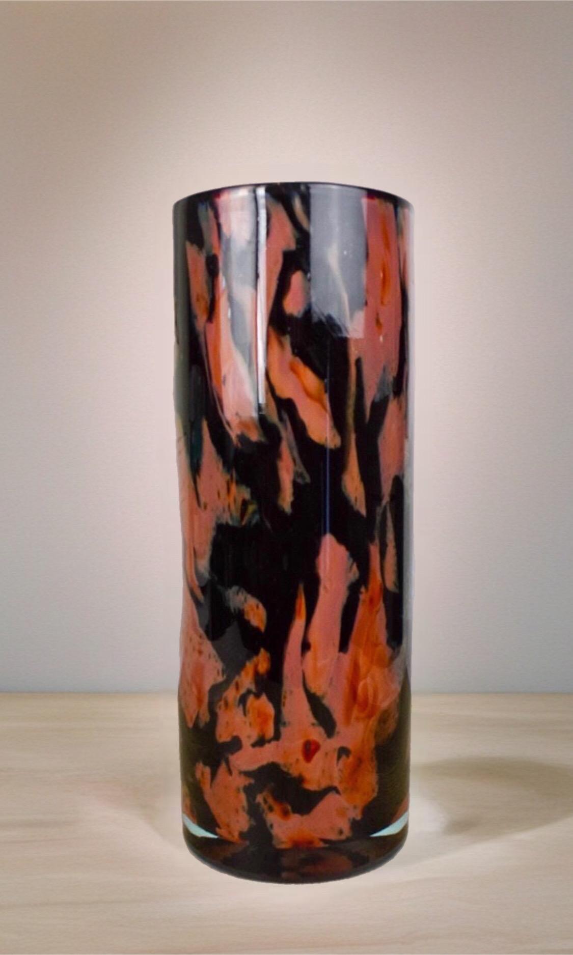 Handmade Mouth Blown Glass Vase: Elegant Flame Design, 32cm Cylinder