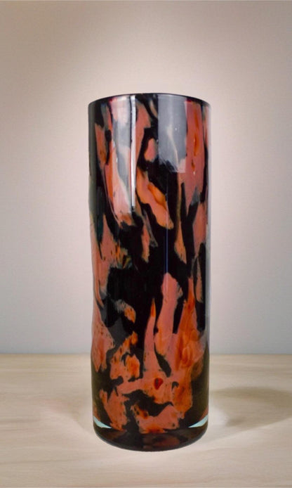 Handmade Mouth Blown Glass Vase: Elegant Flame Design, 32cm Cylinder