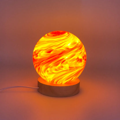 Hand-Blown Red Glass Lamp: Ambient LED Night Light with Wooden Base