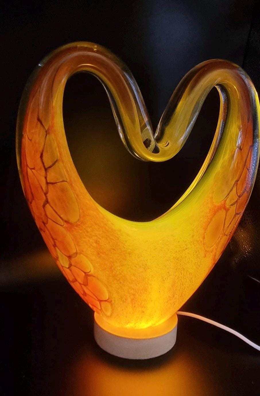 Iridescent Heart Glass Lamp: Handcrafted LED Sculpture - Romantic Home Decor