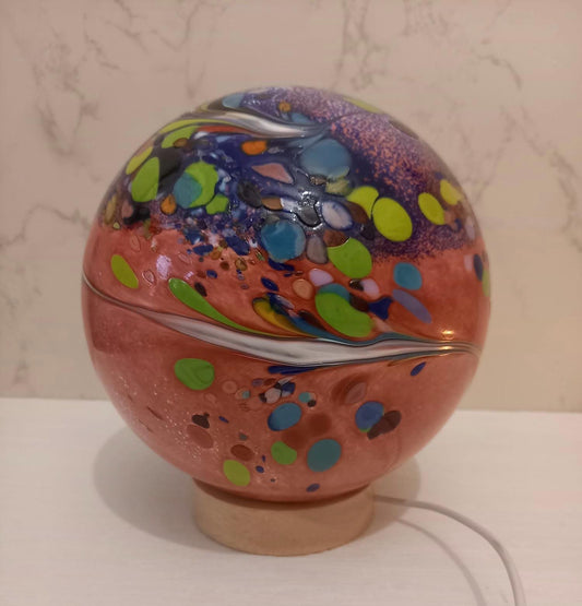 Handcrafted Swirl Glass Sphere Lamp: Golden Amber Ambient Light