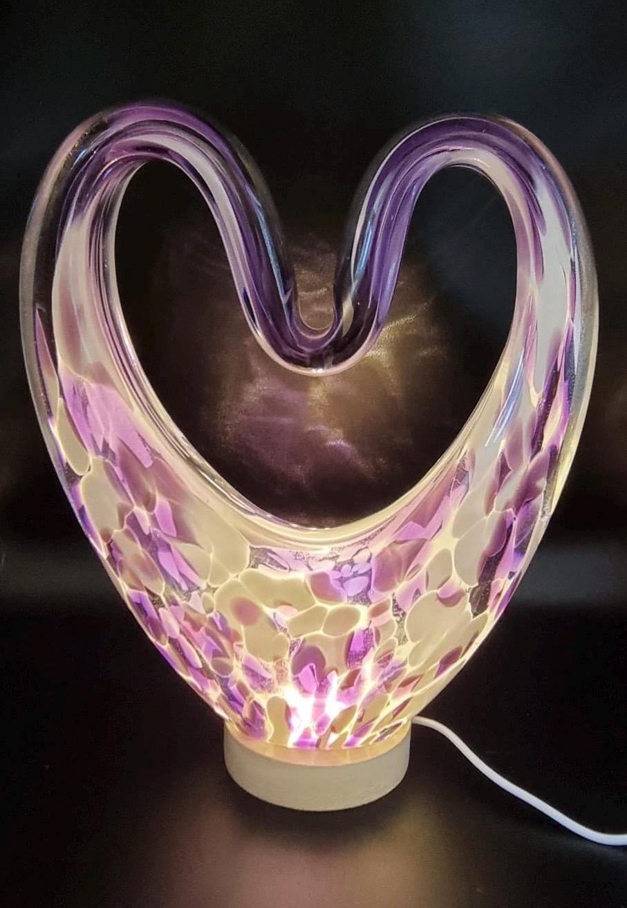 Iridescent Heart Lamp: Hand Blown Glass LED Sculpture, Romantic Home Decor