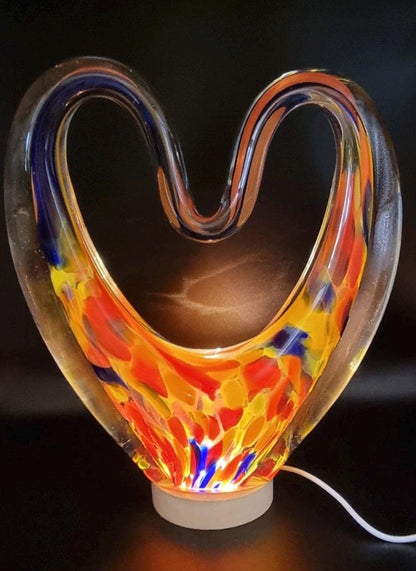 Iridescent Heart Lamp: Hand Blown Glass LED Sculpture, Romantic Home Decor
