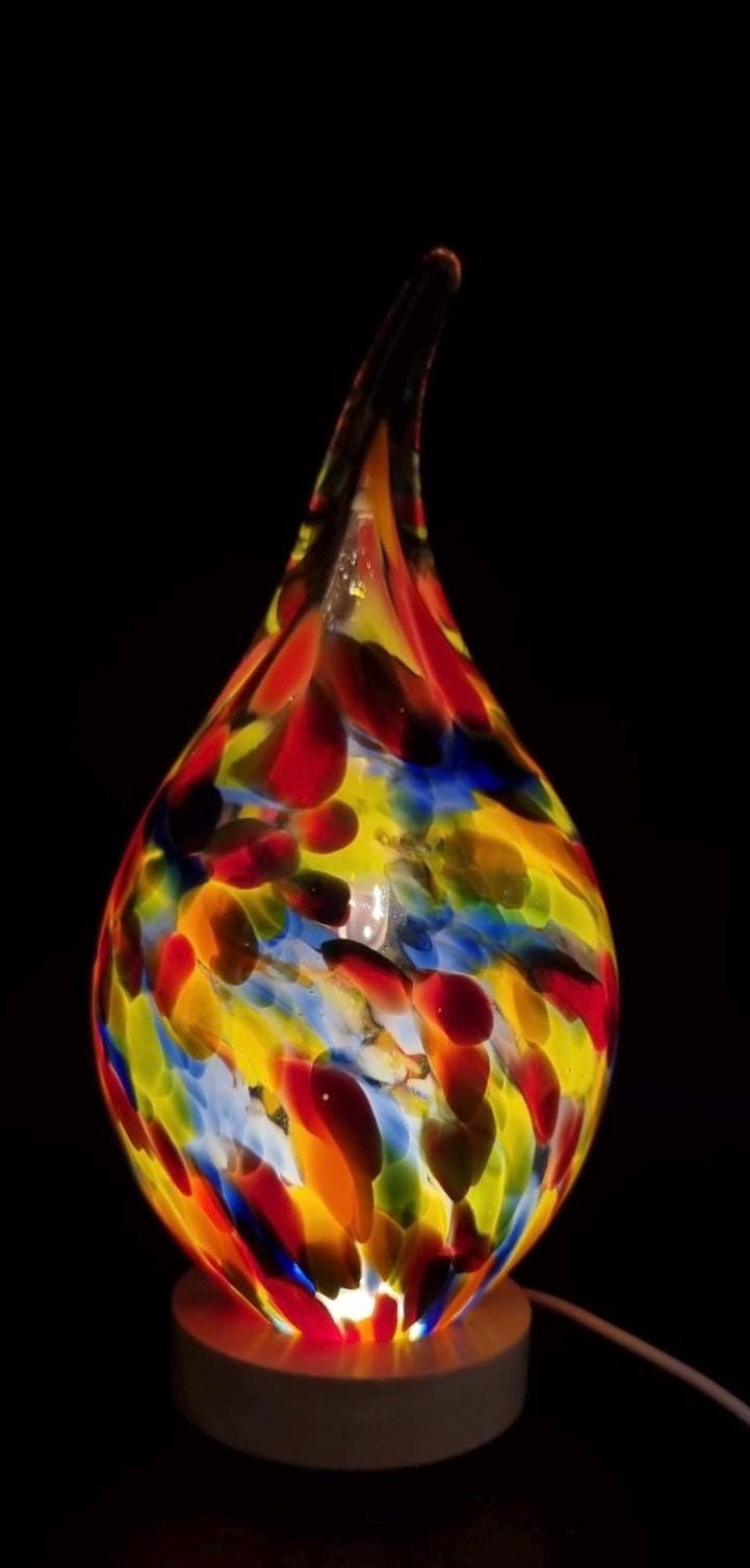 Handblown Glass Teardrop Lamp: Colorful Swirl Art Glass Night Light