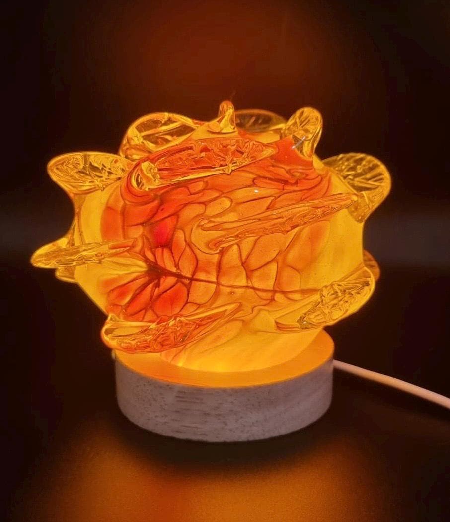 Iridescent Rose Glass Lamp: Hand-Blown LED Sculpture, USB Powered
