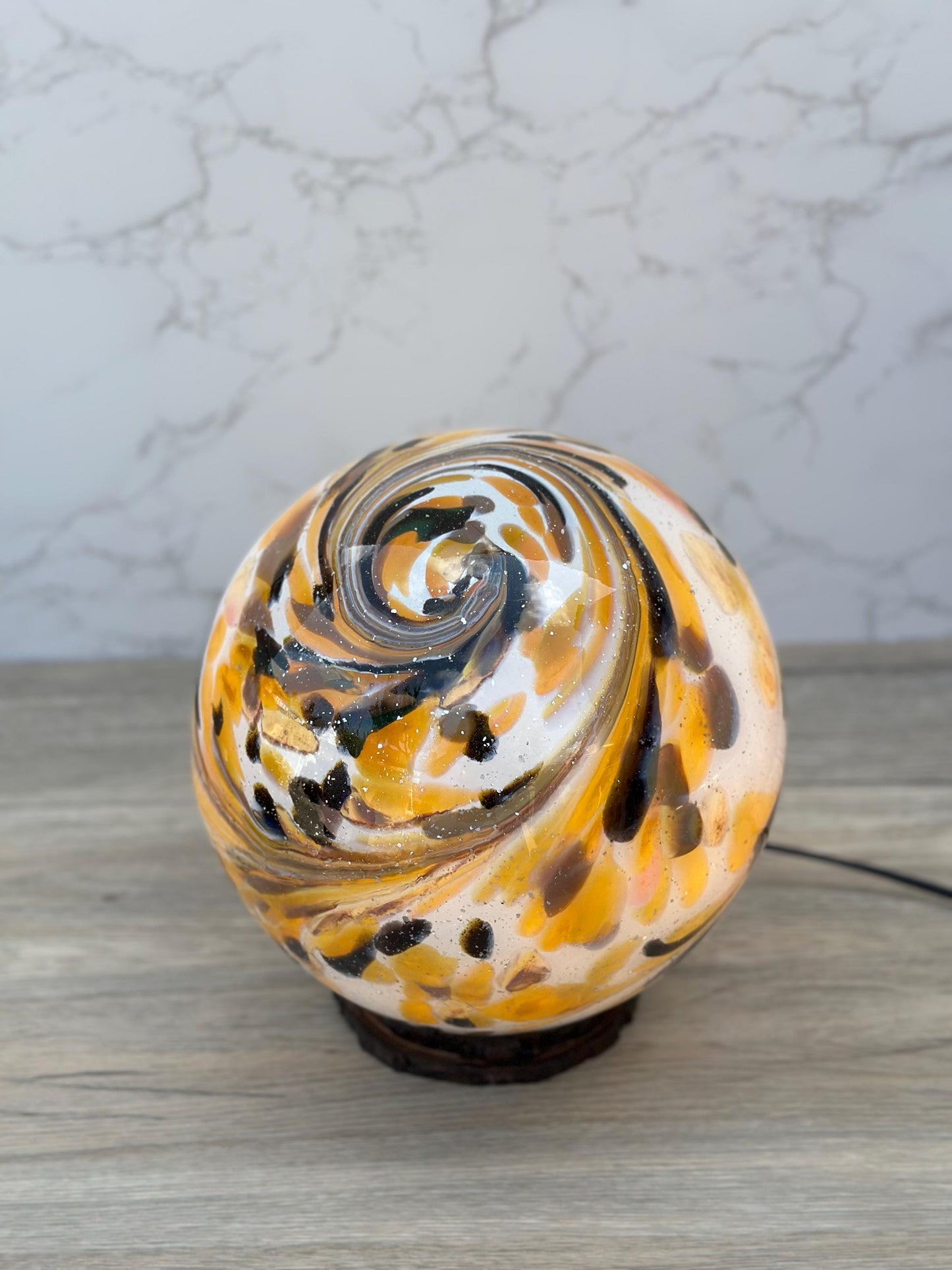 Golden Swirl Glass Sphere Lamp: Handcrafted Artisan Warm Ambient Light