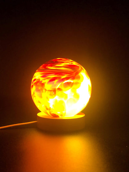 Hand-Blown Red Glass Lamp: Ambient LED Night Light with Wooden Base