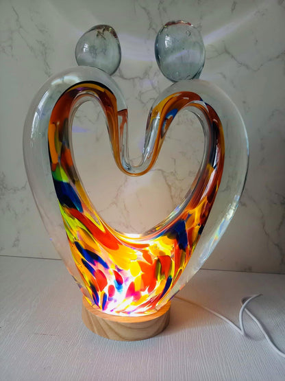 Iridescent Heart Lamp: Handcrafted Glass Sculpture with LED Glow