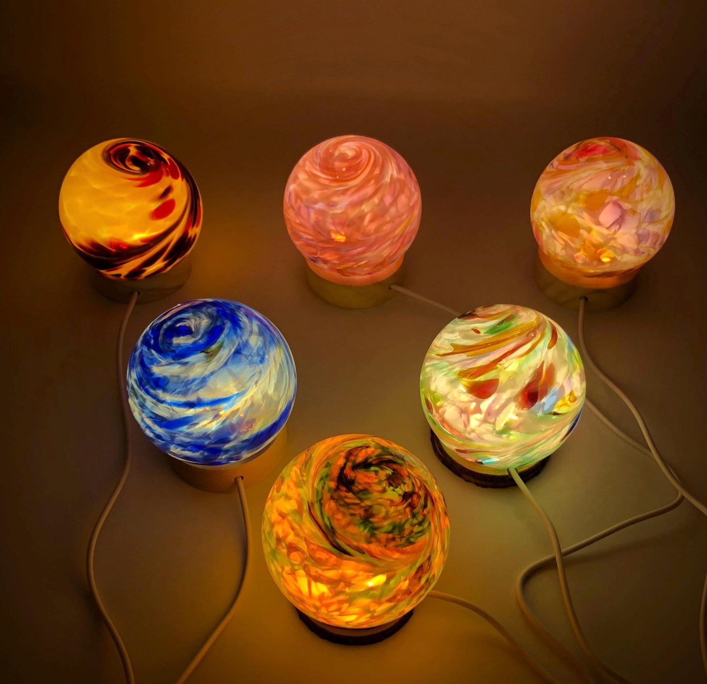 Hand Blown Glass Sphere Lamp: Ambient LED Night Light with Wooden Base, Multiple Colours