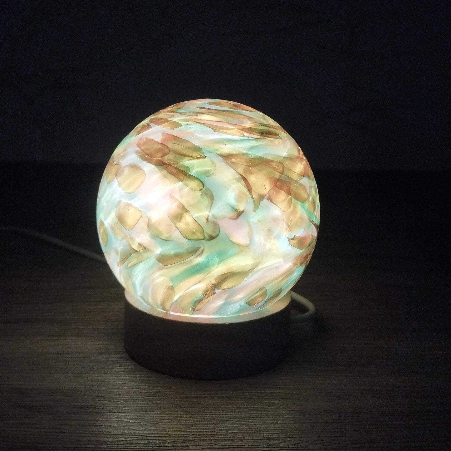 Hand Blown Glass Sphere Lamp: Ambient LED Night Light with Wooden Base, Multiple Colours