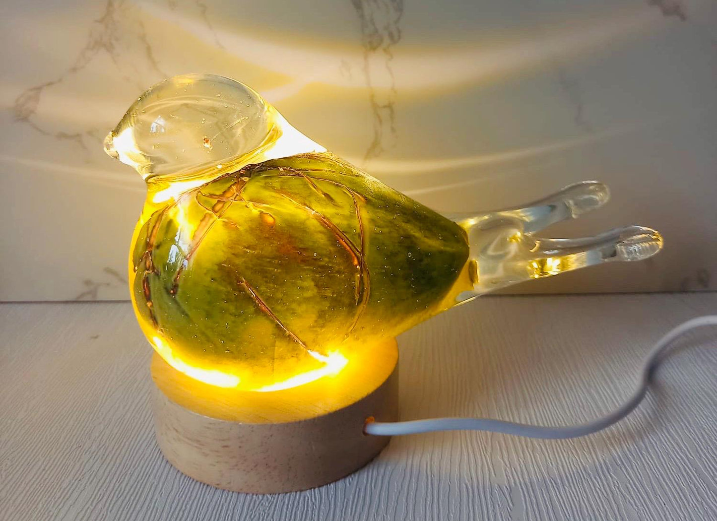 New Arrival / Green Art Glass Bird Lamp – Sculpture Handmade Iridescent LED Home Decor