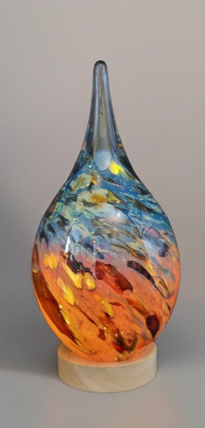 Handblown Glass Teardrop Lamp: Swirl Night Light with Wooden Base