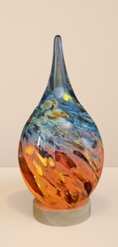 Handblown Glass Teardrop Lamp: Swirl Night Light with Wooden Base