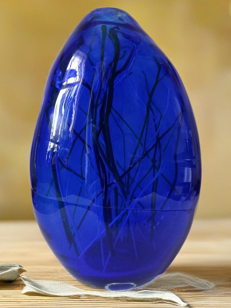 Hand-Blown Iridescent Blue Glass Lamp: LED Sculpture Light