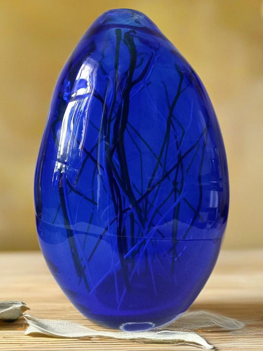 Hand-Blown Iridescent Blue Glass Lamp: LED Sculpture Light