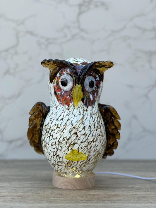 Handcrafted Handmade Sculpture Owl Glass Lamp: LED Night Light