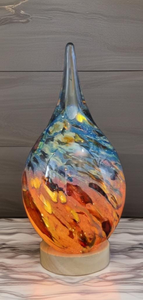 Handblown Glass Teardrop Lamp: Swirl Night Light with Wooden Base