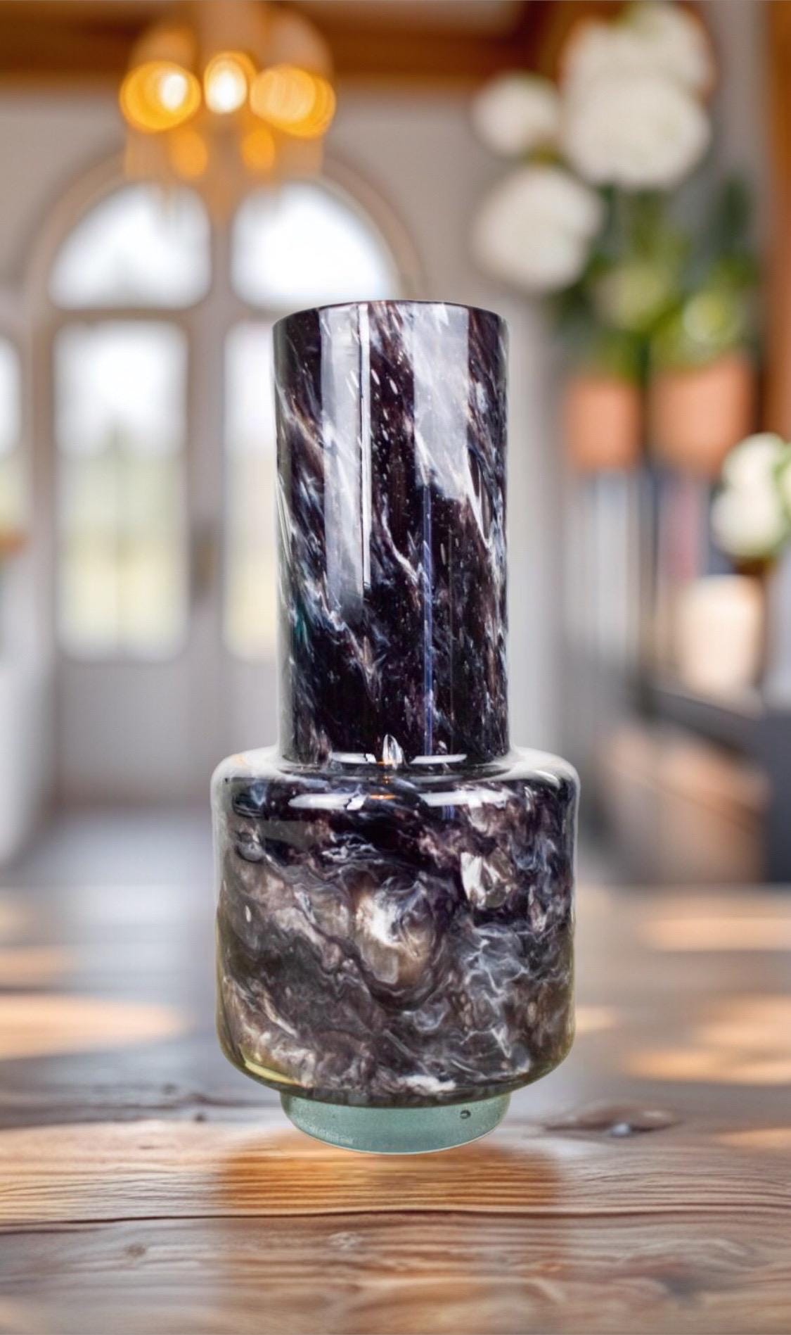 Hand Blown Glass Vase: Black Marble Art Decor (W12cm, H30cm)