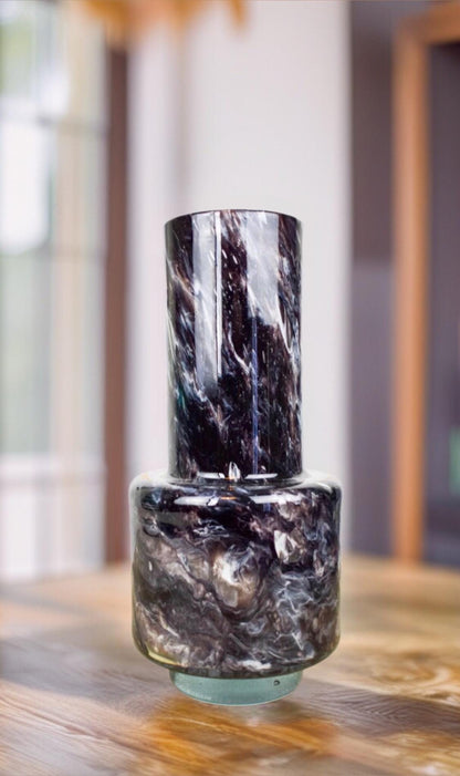 Hand Blown Glass Vase: Black Marble Art Decor (W12cm, H30cm)