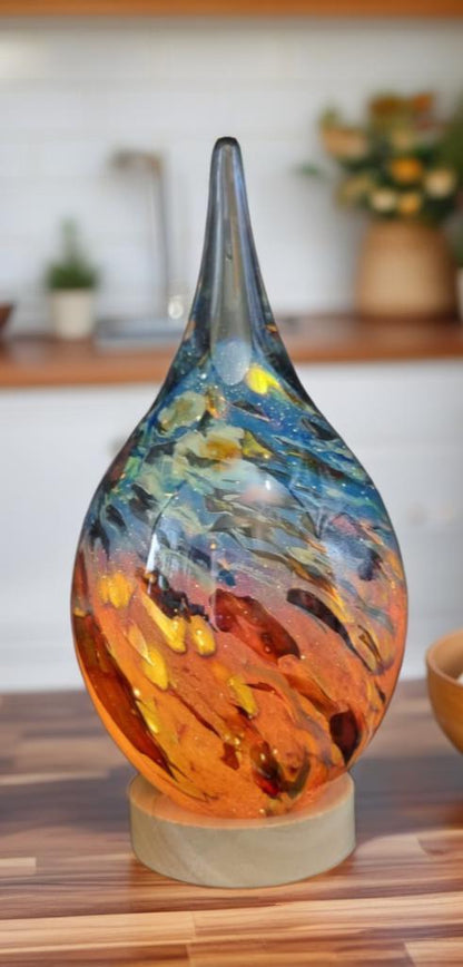 Handblown Glass Teardrop Lamp: Swirl Night Light with Wooden Base