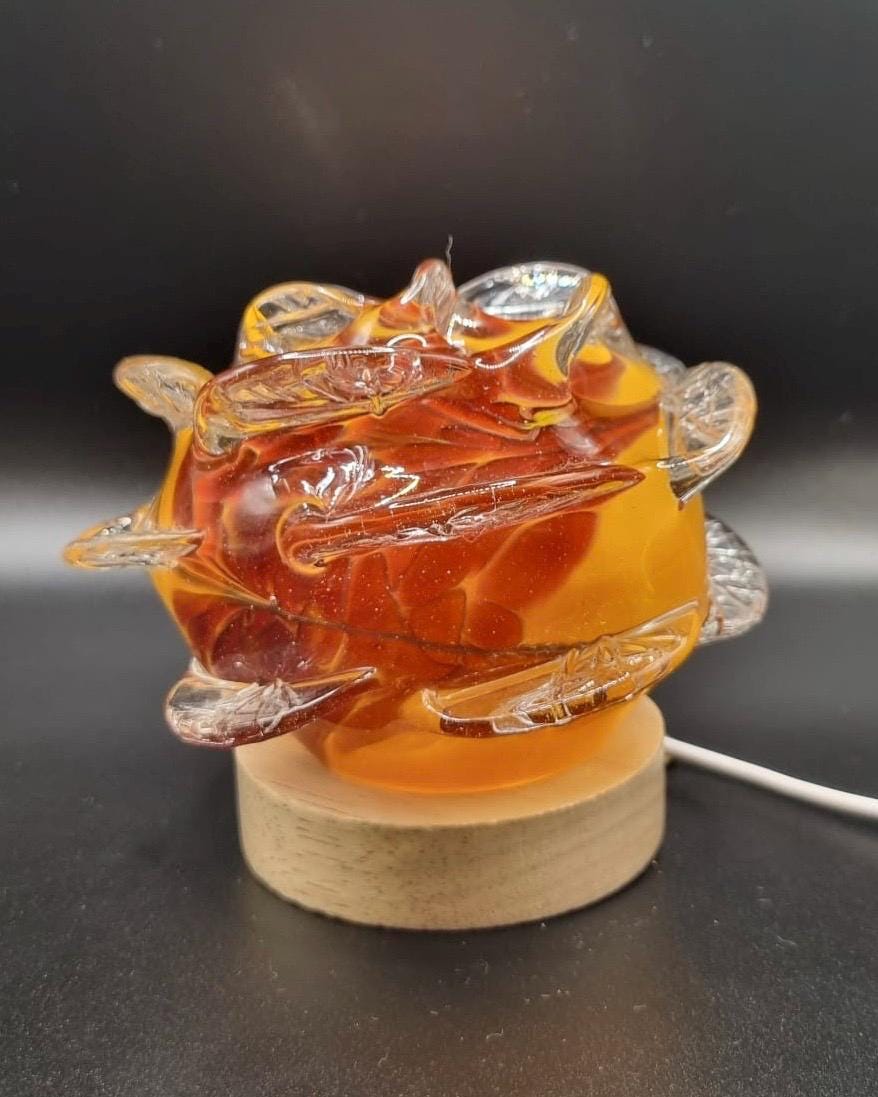 Iridescent Rose Glass Lamp: Hand-Blown LED Sculpture, USB Powered